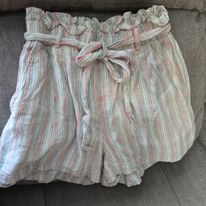 American Eagle Outfitters Striped High-Waist Paperbag Shorts - Pink & Mint